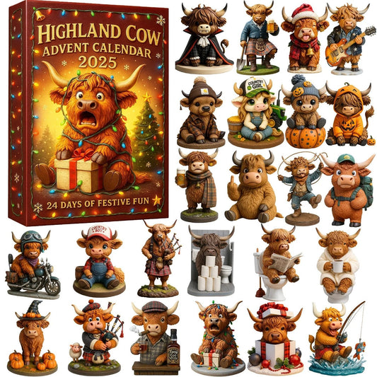 🐮Calendrier de l'Avent avec vache des Highlands 2025🎄✨ - Poupée 3D faite main avec vache des Highlands (24 pièces)